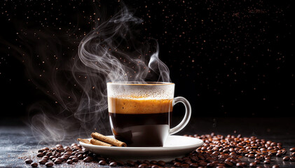 Cup of coffee with cinnamon sticks on a dark background Coffee beans are scattered on the table