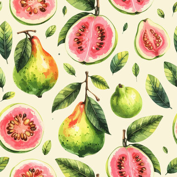 Guava with leaves seamless pattern. Vector watercolor exotic fruits background.