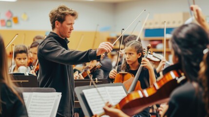 A group of musicians are performing on string instruments, specifically the violin family, in a...