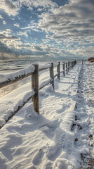 Winter's Contrast: Snow-Covered Beach and Diamond Wire Fence