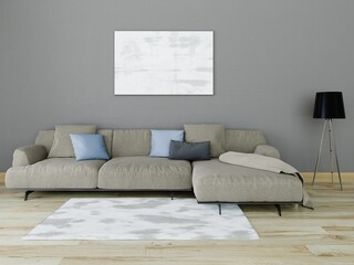 Mock up of a bright modern living room with
comfortable stylish sofa and fashionable decorative background, 3D rendering.