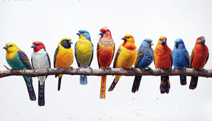  A variety of colorful birds perched on a branch, including a parrot, a finch, a canary, and a sparrow - obrazy, fototapety, plakaty