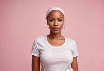 portrait of woman in white t shirt isolated on pink background