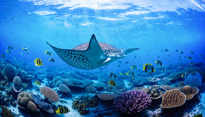  Underwater scene with a stingray and various species of fish swimming over a vibrant coral reef