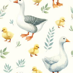 Seamless watercolor pattern goose and little ducklings with sprigs of leaves.