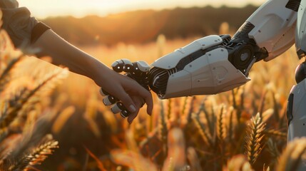 Robot and human pulling hands to reach out each other. Almost reaching robotic cyborg and woman hands outdoors at agricultural field. Human interaction with AI - - obrazy, fototapety, plakaty