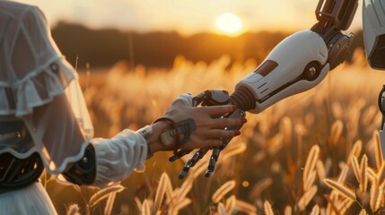 Robot and human pulling hands to reach out each other. Almost reaching robotic cyborg and woman hands outdoors at agricultural field. Human interaction with AI -