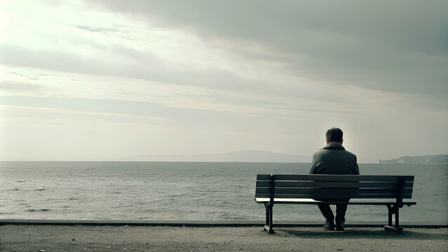 Solitary Contemplation by the Sea: A Lone Figure Lost in Thought on a Quiet Coastal Bench, Gazing into the Distance