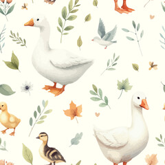 Seamless watercolor pattern goose and little ducklings with sprigs of leaves. © ku4erashka
