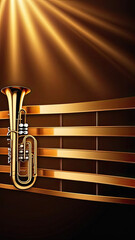 Advertising banner with empty space for text. Abstract images of musical notes and sound waves. Gold and bronze shades highlight the retro style and sparkle of the Jazz Age