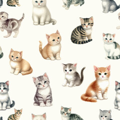 Watercolor Seamless Pattern of Cute Cat.