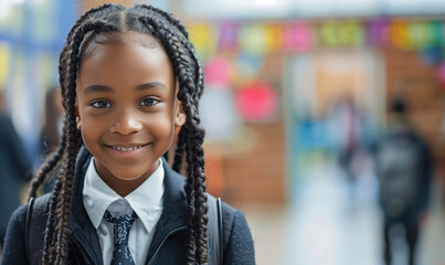 Smiling black african american child school girl studying in the classroom. Education back to school concept