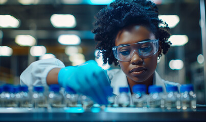 Pharmacist scientist with sanitary gloves examining medical vials on a production line conveyor belt in a pharmaceutical factory with Generative AI. African American female checking medicine vials