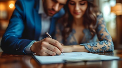 Portrait of married couple making write will in business office. Estate Planning. 