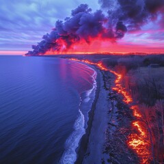 Erupting Volcano at Night with Lava Flowing Into the Ocean, Illuminated Under a Crimson Sky