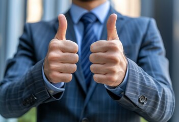 Businessman showing thumbs up sign. Generative AI.