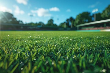 A soccer field with grass and sun shining. Generative AI. - obrazy, fototapety, plakaty