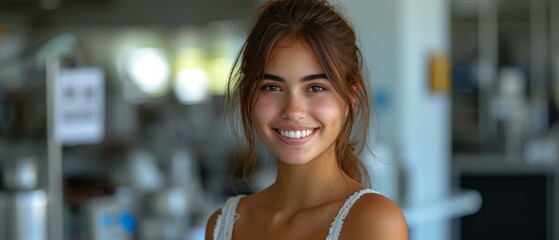 A young woman smiling in a white tank top. Generative AI.