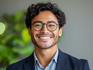 Portrait of a young man with glasses and a suit smiling. Generative AI.