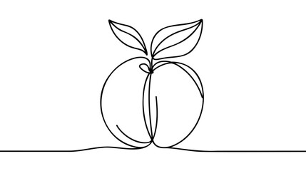 Peach fruit in continuous line art drawing style. Simple black sketch made of one line isolated on white background.