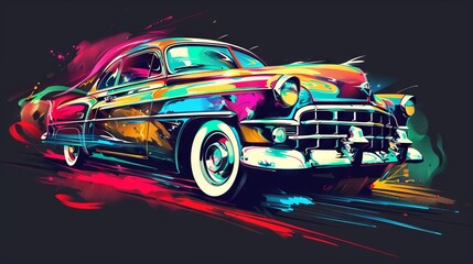 Vector illustration in an abstract style. A colorful old retro car. T-shirt or print design 