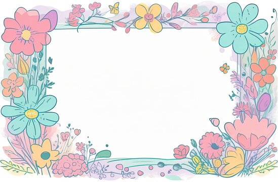 Pastel colors frame with free place for text made from lot of spring flowers. Greeting card for spring holidays. Template for Birthday, Women's Day, Mother's Day. Floral picture. Illustration.