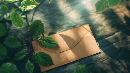 Vintage envelope with green leaves, spring romantic letter, earth day concept, good news and romantic letter 