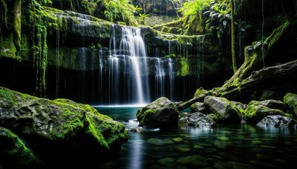 Emerald Forest Waterfall Cascading Beauty Amidst Lush Greenery