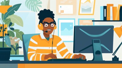 Virtual Call Center Setup: Show a representative working remotely from home or a remote location, with a happy expression while using their headset, emphasizing the flexibility and convenience of virt