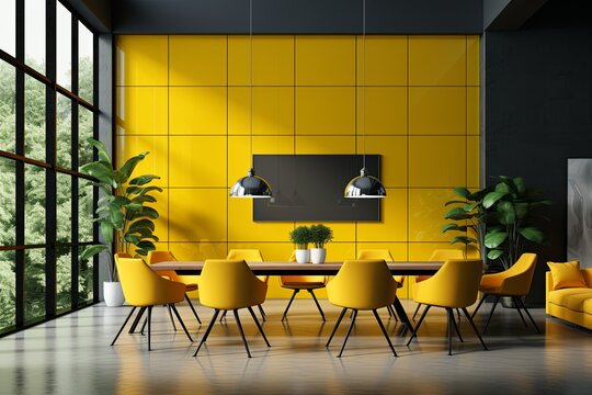 Business corporate workplace with Modern office Interior design with yellow background