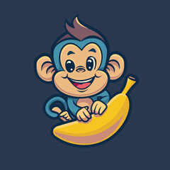 Cartoon logo emblem of a cheerful monkey with banana, cartoon, animal, vector, illustration, fun, funny, smile, drawing, character, art, cute, face, icon, isolated, comic, mascot, baby, happy, head