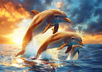 Playful Dolphins Leaping at Sunset: A Spectacular Display of Nature's Grace in the Ocean