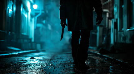 Silhouette of a person walking in a dark alley holding a knife, with moody blue lighting and a streetlamp in the background.