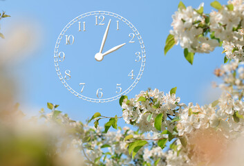 Spring blossom branches and blue sky with clock face, spring forward time change concept