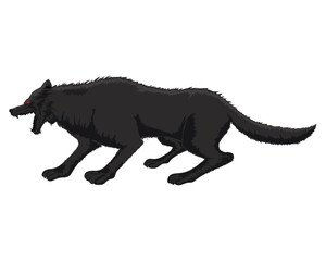 vector design, cartoon illustration of a black wolf animal seen from the side, full body with red eyes