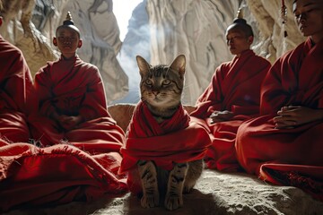 Fototapeta na wymiar Buddhist Monks Cats in red robes praying in mountain temple, Tibetan religious cats