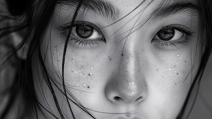 Primer plano de rostro de una mujer japonesa en blanco y negro
