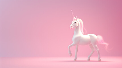 Elegant white unicorn on a soft pink background, symbolizing purity, fantasy, and magic. Ideal for children's fairy tales and creative designs.