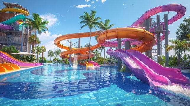 Water slide with the pool, aqua park attraction 