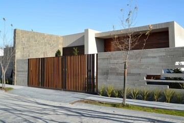 Long Fence Architectural Design with Wall and Grill Combination, Masonry Wall in Minimalist Style