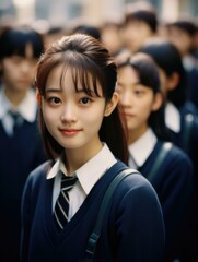A young woman in school uniform standing in front of a crowd. Generative AI.