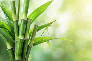 Obraz premium Sugar Cane Branches on Blurred Background, Sugarcane Plantation, Fresh Green Sugar Cane Stems