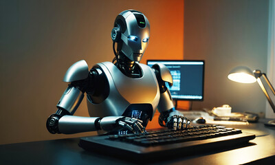 A ai Robot using computer, typing keyboard in his working room. AI generative 