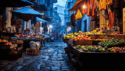 bustling open-air market in a developing country, with people selling fruits and vegetables under colorful umbrellas and lights - obrazy, fototapety, plakaty