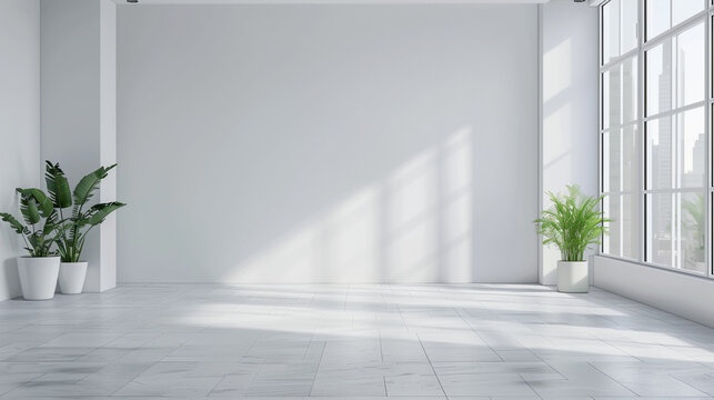 Bright empty room with large windows and sunlight casting shadows on a clean white floor, flanked by green potted plants.