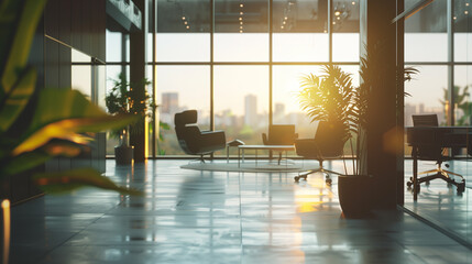 Modern office interior with glass walls, city view, and sunlight.