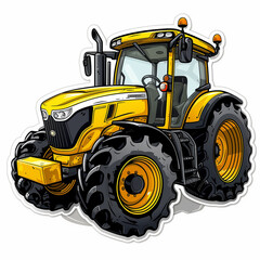 Obraz premium Sticker-style illustration of a yellow and black tractor, isolated on white, with bold outlines and a slight shadow for a 3D effect.