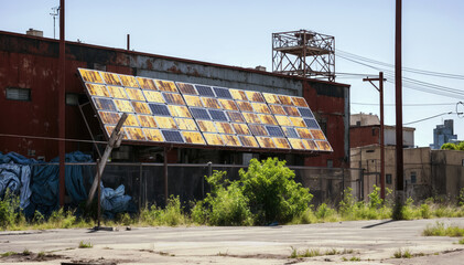large, rusty solar panel in front of an abandoned factory old rustic solar panel