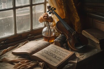 Still life photography of a violin and sheet music notes