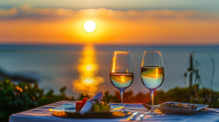 Wine Glasses and Appetizers at Sunset